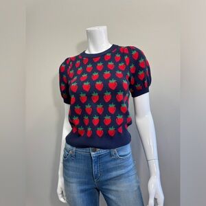 MAEVE The Maxine Multicolor Strawberry Knit Sweater Puff Tee Navy Blue Red XS